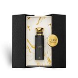 Soghaat Ahmed Al Maghribi Laathani Eau de Parfum in a black and gold presentation box with a matching perfume bottle.