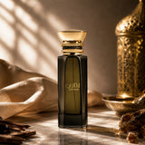 Soghaat Laathani Eau de Parfum by Ahmed Al Maghribi in a dark glass bottle with a gold cap, set on a marble surface.