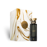 Soghaat Laathani Eau de Parfum by Ahmed Al Maghribi in a sleek black bottle next to a white and gold marble box.