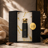 Soghaat Ahmed Al Maghribi Laathani Eau de Parfum in a black and gold presentation box with marble-effect interior.