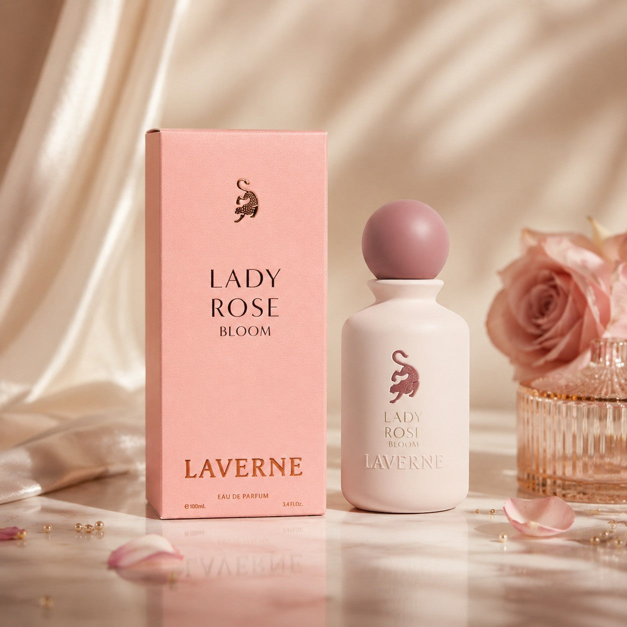 Soghaat Lady Rose Bloom 100ml Eau de Parfum for women, a rose amber floral fragrance with pink pepper, mandarin, saffron, rose, jasmine, amber, patchouli and musk.