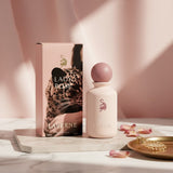 Soghaat Lady Rose Eau de Parfum 100ml bottle and box with leopard print, pink and gold accents.