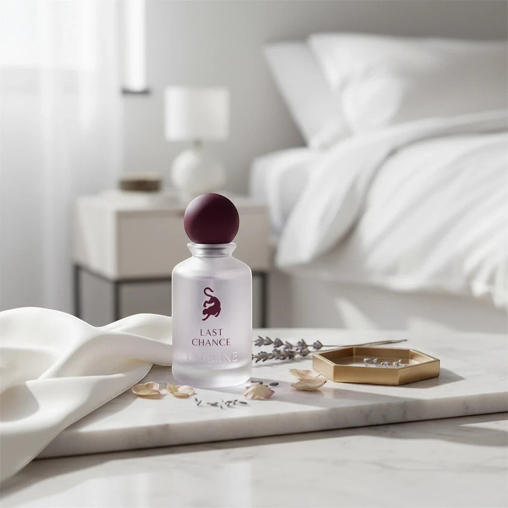Soghaat Last Chance Eau de Parfum bottle with a matte finish and a burgundy stopper, featuring a stylized animal logo and text.