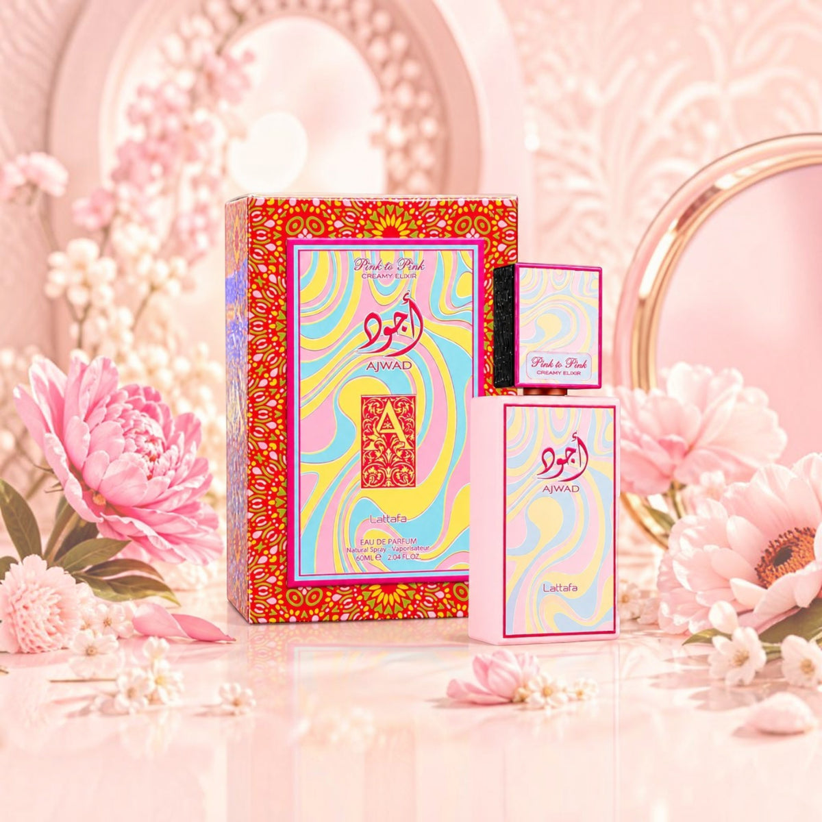 Soghaat Lattafa Ajwad Pink to Pink Creamy Elixir perfume bottle and box with floral accents and pink aesthetic