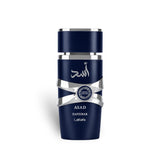 Soghaat Lattafa Asad Zanzibar Limited Edition Eau de Parfum for men in a sleek navy blue bottle with silver accents.