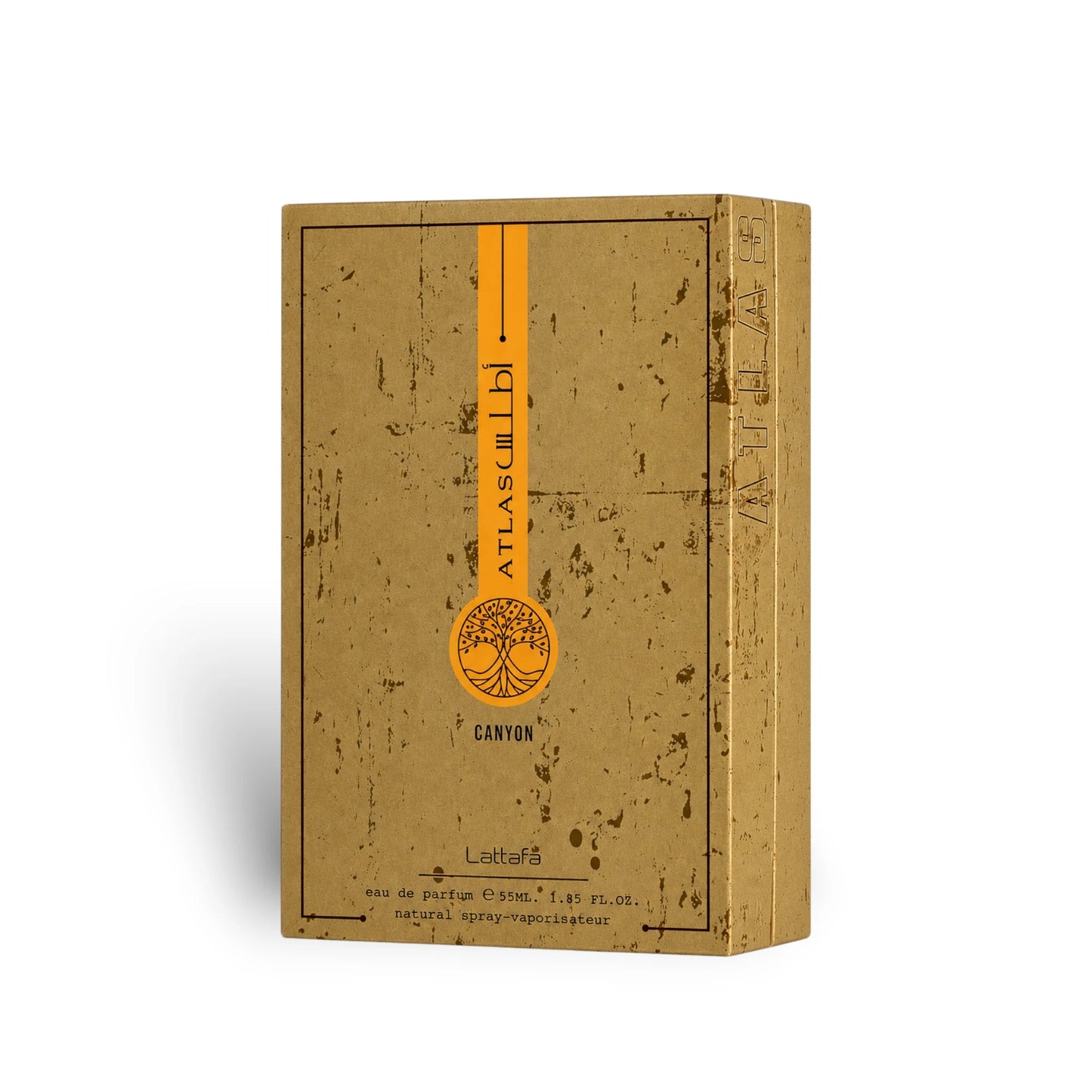 Soghaat Lattafa Atlas Canyon 55ml Eau de Parfum in a textured gold box with orange branding and tree logo.