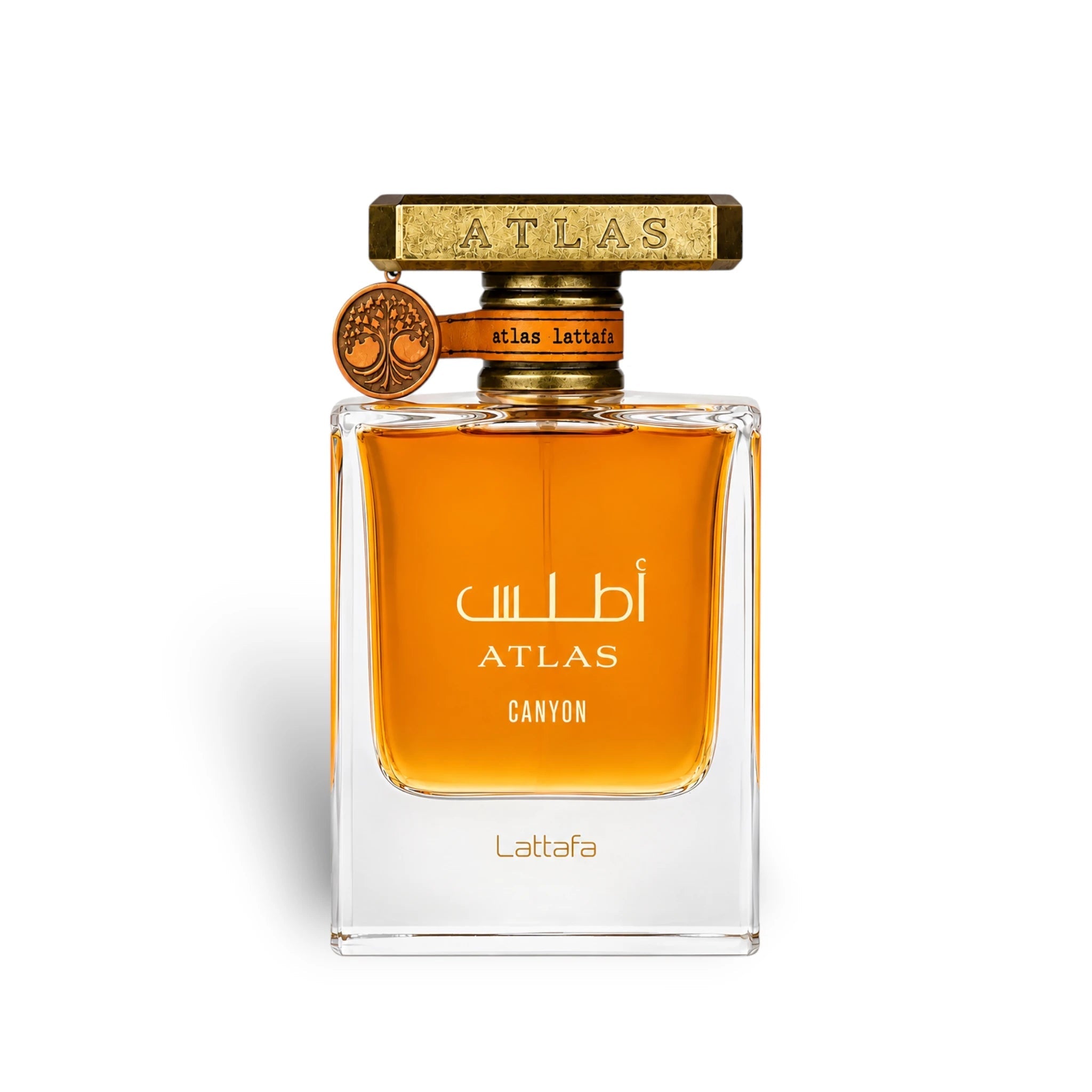 Soghaat Lattafa Atlas Canyon 55ml Eau de Parfum in a clear glass bottle with a gold-toned cap and leather charm.
