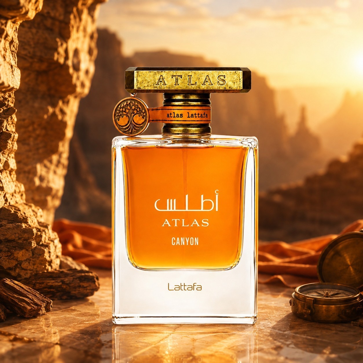 Soghaat Lattafa Atlas Canyon 55ml Eau de Parfum bottle with amber liquid, set against a scenic canyon sunset background.