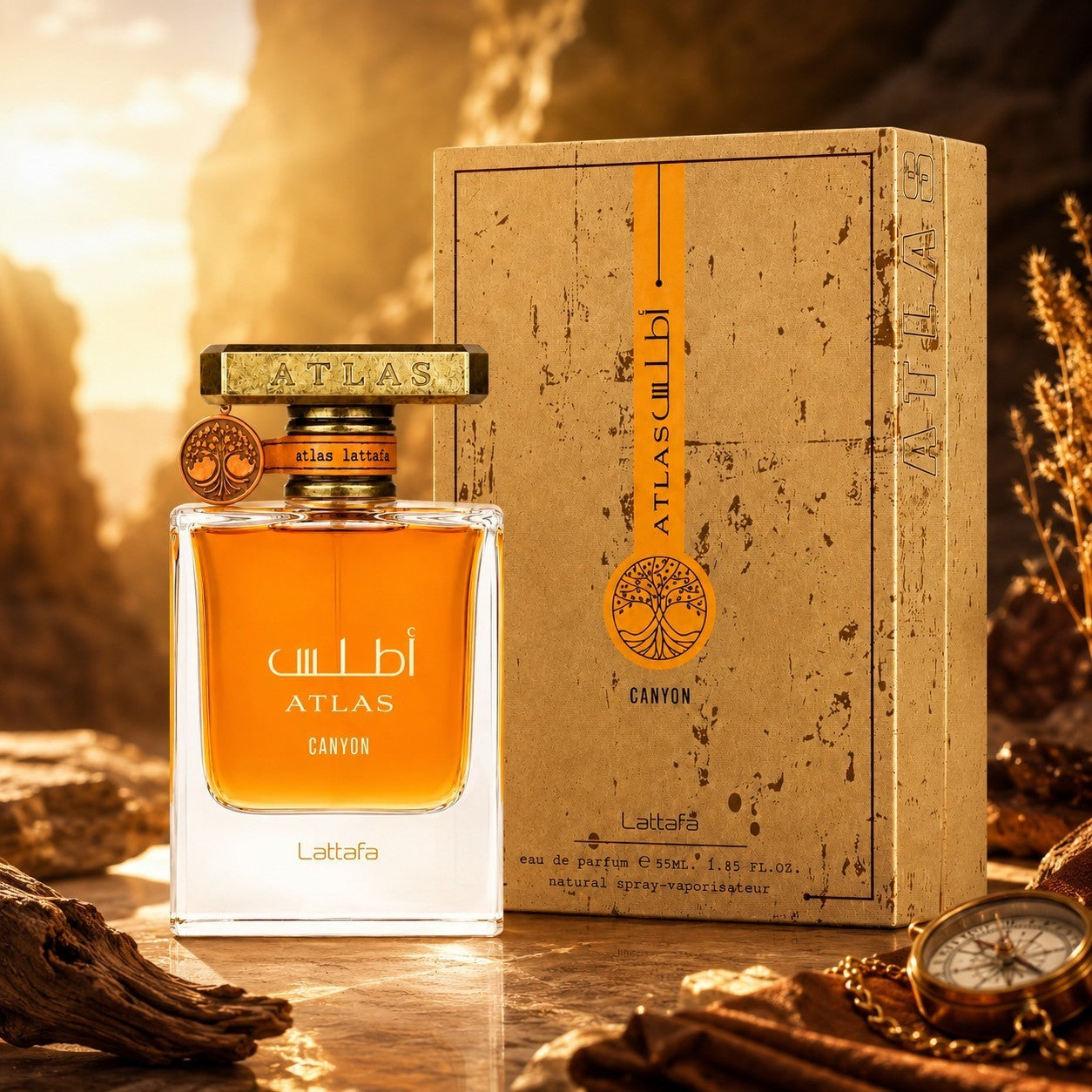Soghaat Lattafa Atlas Canyon 55ml Eau de Parfum bottle and box with amber liquid, set against a rocky canyon backdrop.