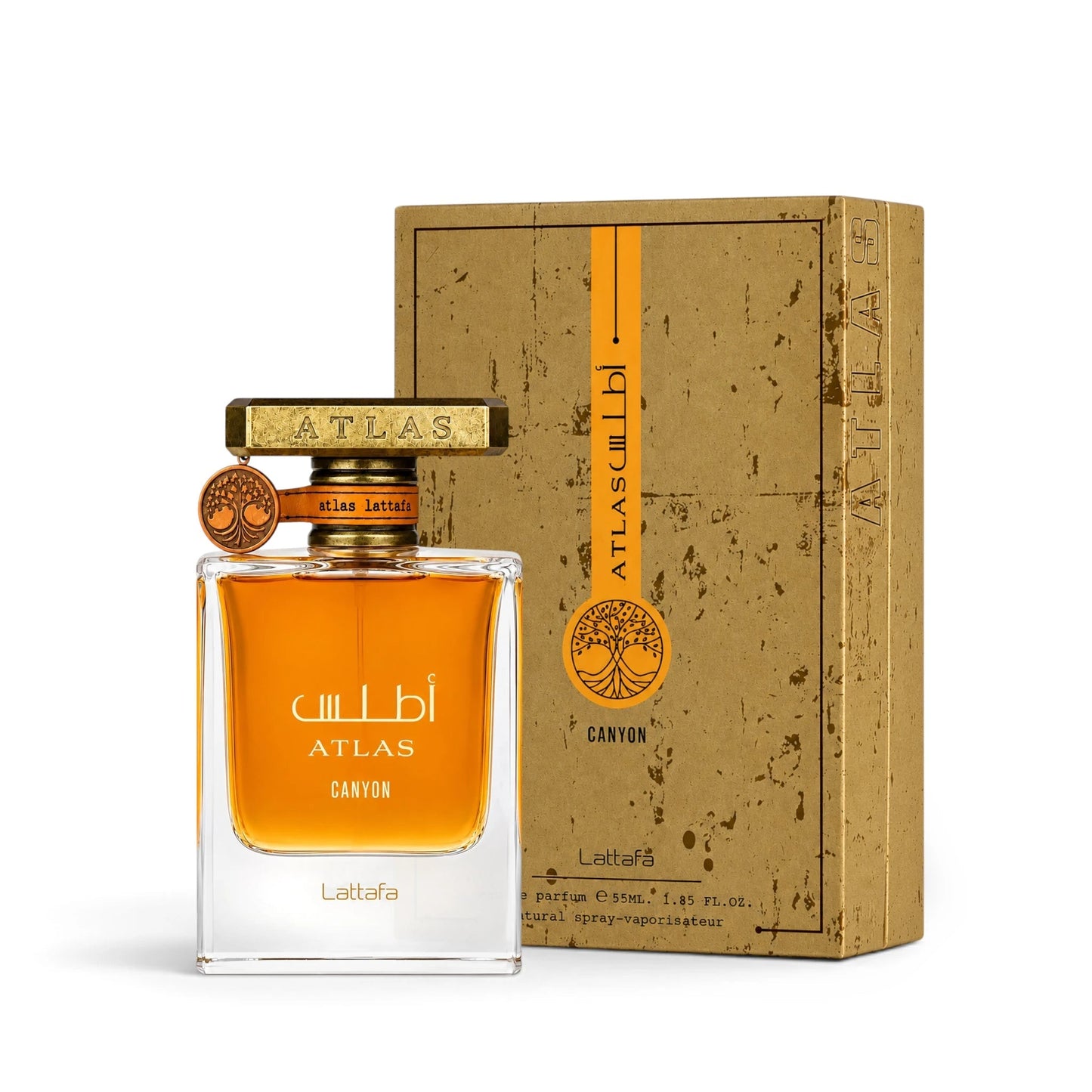 Soghaat Lattafa Atlas Canyon 55ml unisex Eau de Parfum bottle with gold cap and matching textured gold presentation box.