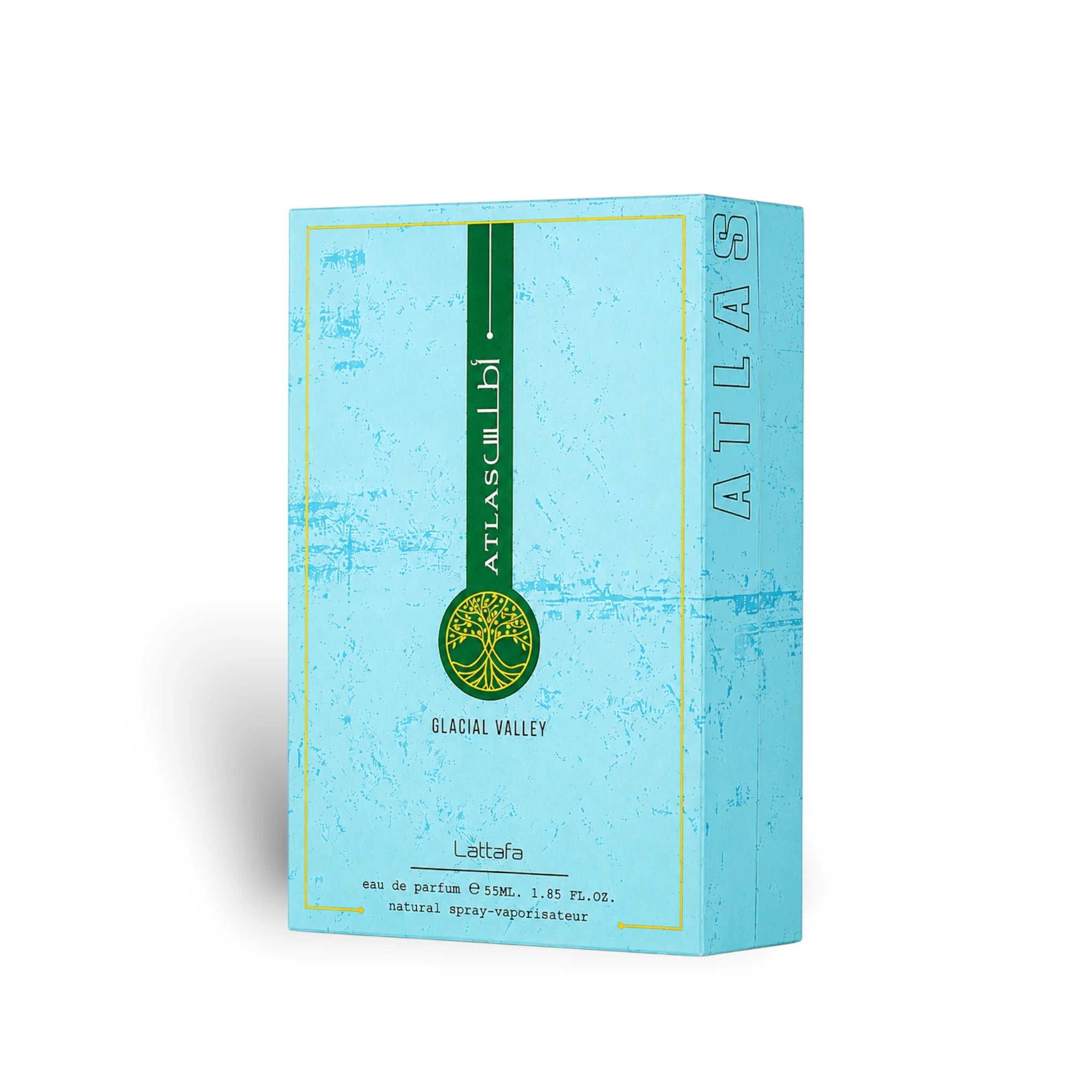 Soghaat Lattafa Atlas Glacial Valley 55ml Eau de Parfum box in light blue with gold accents and tree logo