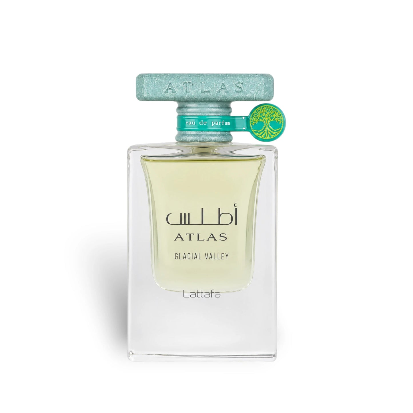 Soghaat Lattafa Atlas Glacial Valley unisex Eau de Parfum in a clear glass bottle with a textured teal cap.