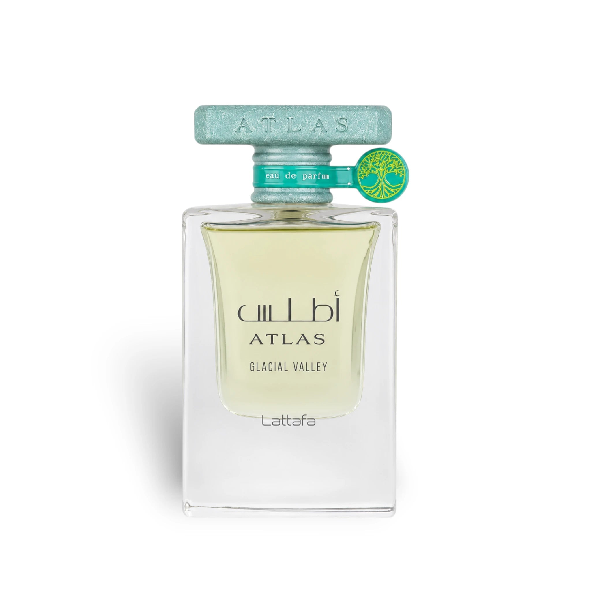 Soghaat Lattafa Atlas Glacial Valley unisex Eau de Parfum in a clear glass bottle with a textured teal cap.