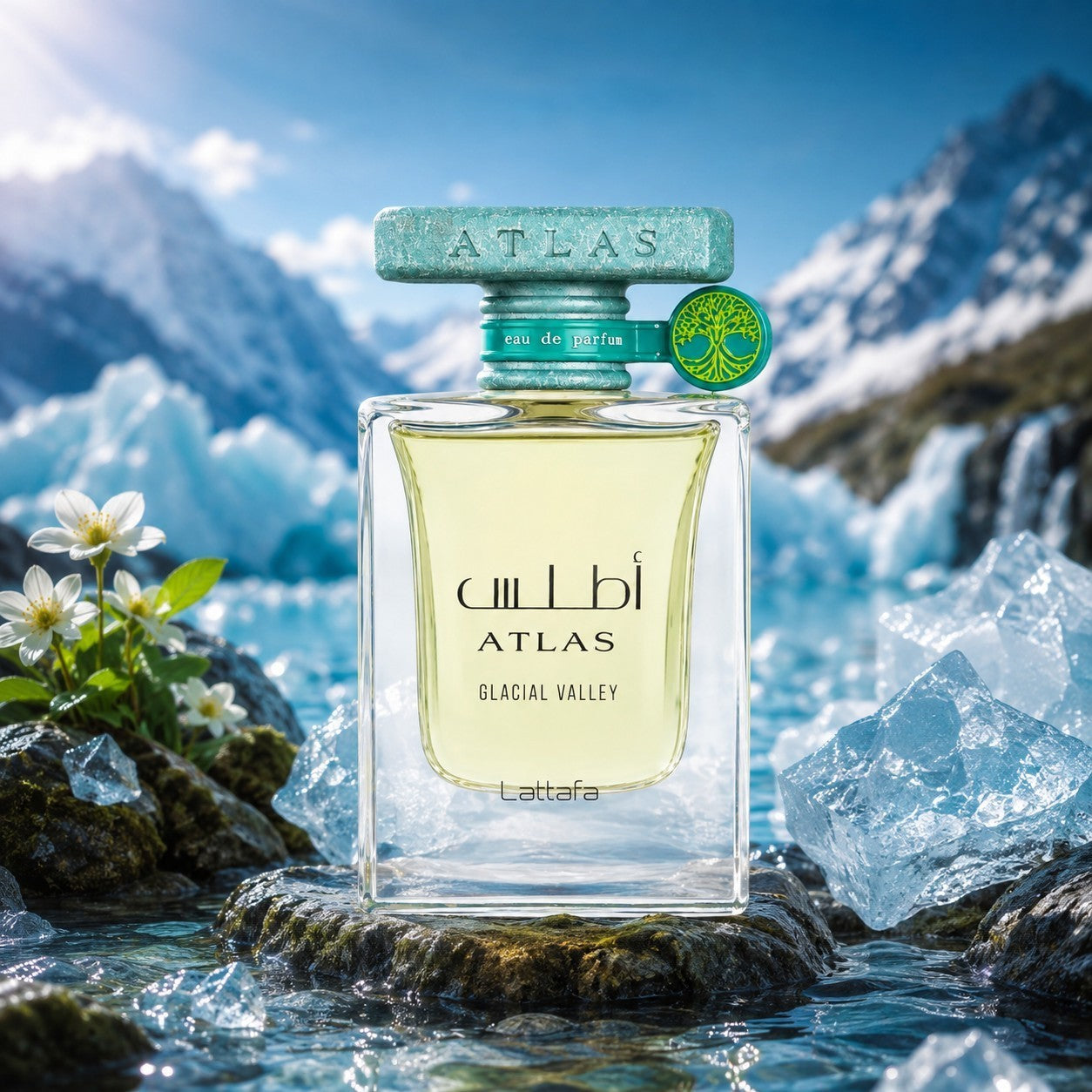 Soghaat Atlas Glacial Valley by Lattafa unisex Eau de Parfum bottle set against a scenic icy mountain landscape.