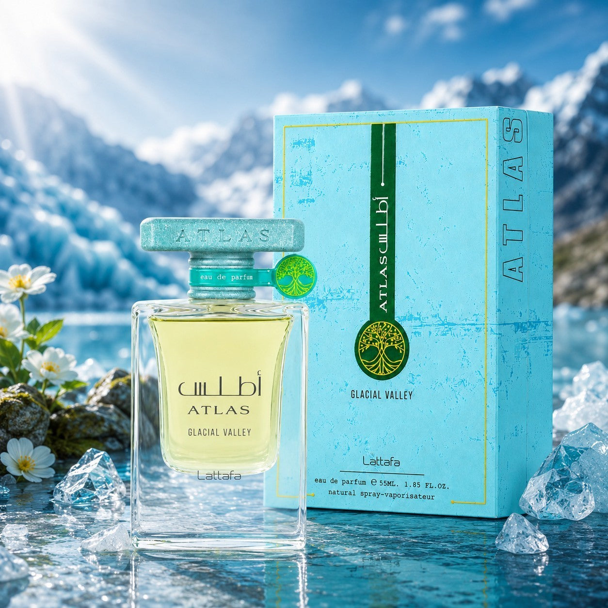 Soghaat Lattafa Atlas Glacial Valley 55ml Eau de Parfum bottle and box set against a scenic icy mountain landscape.