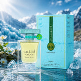 Soghaat Lattafa Atlas Glacial Valley 55ml Eau de Parfum bottle and box set against a scenic icy mountain landscape.