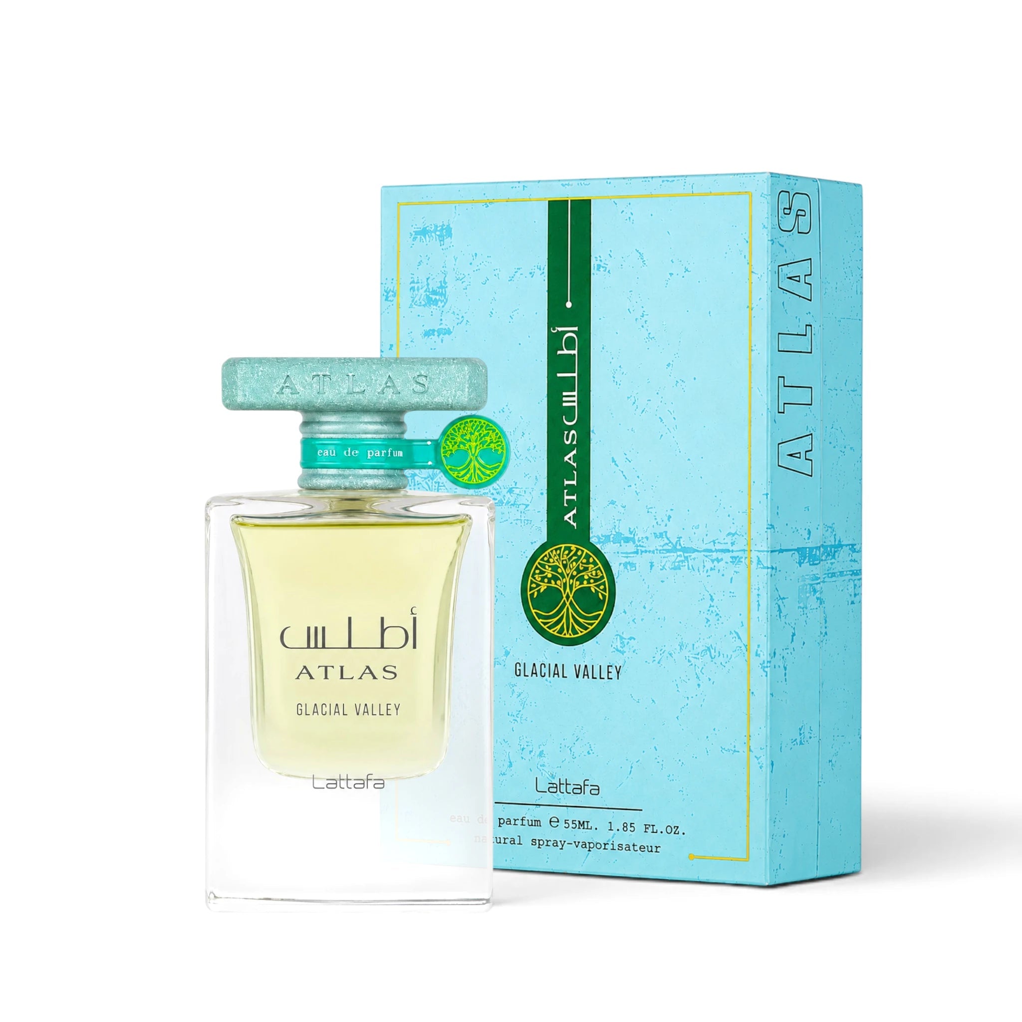 Soghaat Lattafa Atlas Glacial Valley 55ml unisex Eau de Parfum bottle with its light blue textured presentation box.