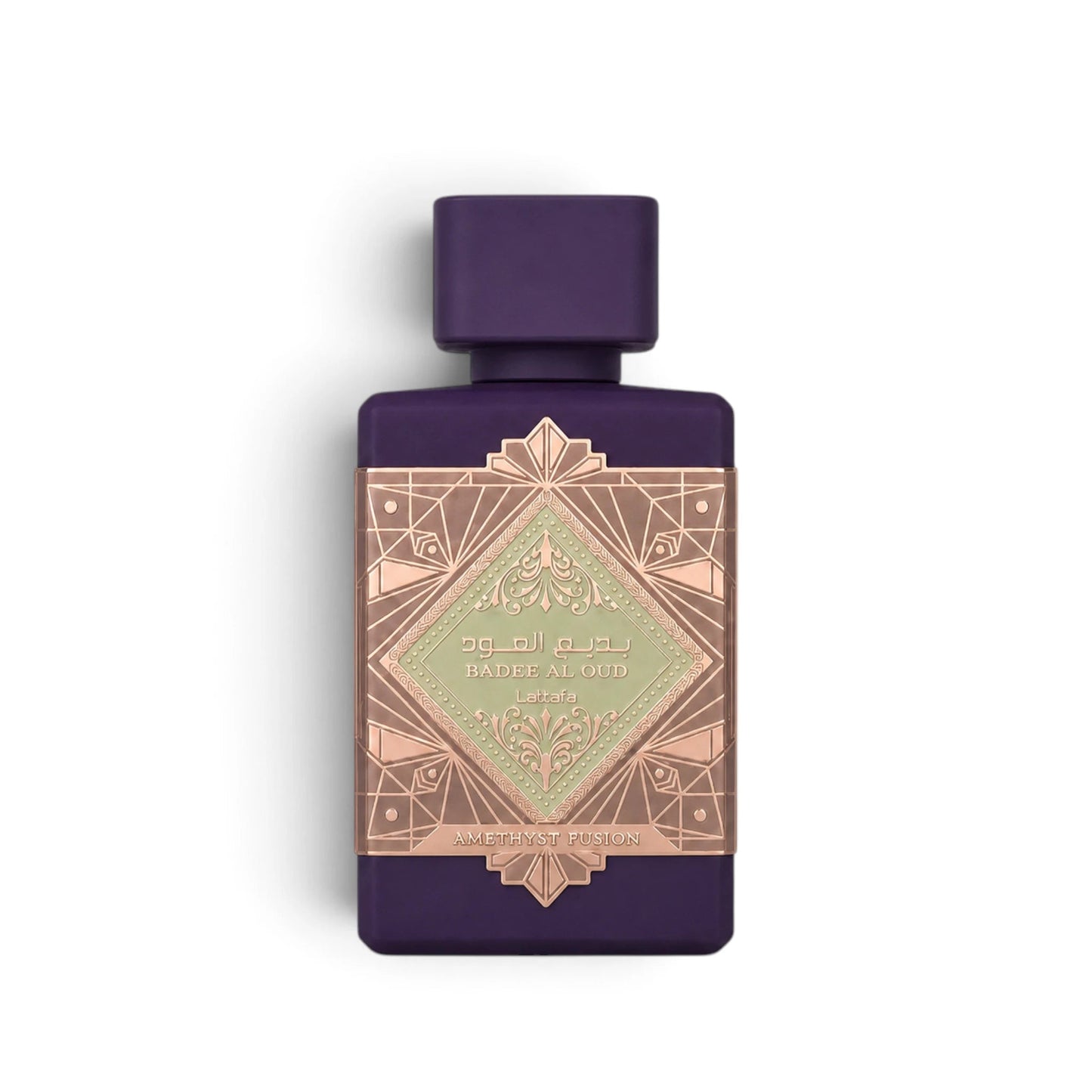 Soghaat Lattafa Bade'e Al Oud Amethyst Fusion 100ml Eau de Parfum in a matte purple bottle with ornate gold label.