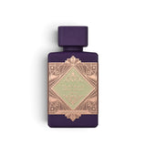 Soghaat Lattafa Bade'e Al Oud Amethyst Fusion 100ml Eau de Parfum in a matte purple bottle with ornate gold label.