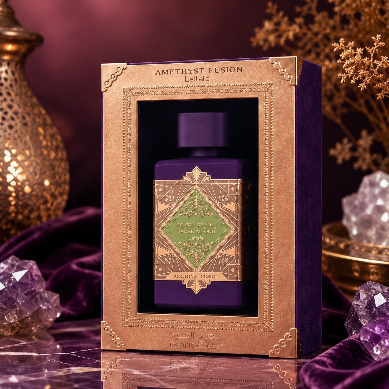 Soghaat Lattafa Bade'e Al Oud Amethyst Fusion perfume bottle in a decorative gold and purple box with crystal accents.