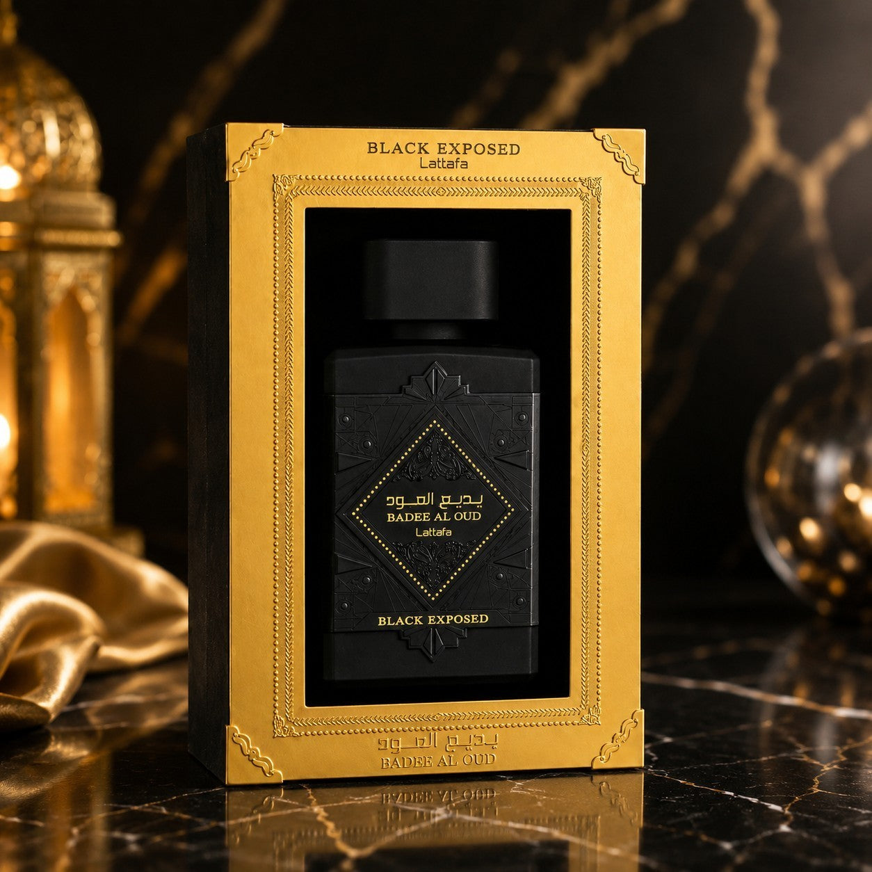 Soghaat Lattafa Badee Al Oud Black Exposed unisex Eau de Parfum in a black and gold presentation box on marble.