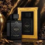 Soghaat Lattafa Badee Al Oud Black Exposed unisex Eau de Parfum bottle and gold-trimmed presentation box.