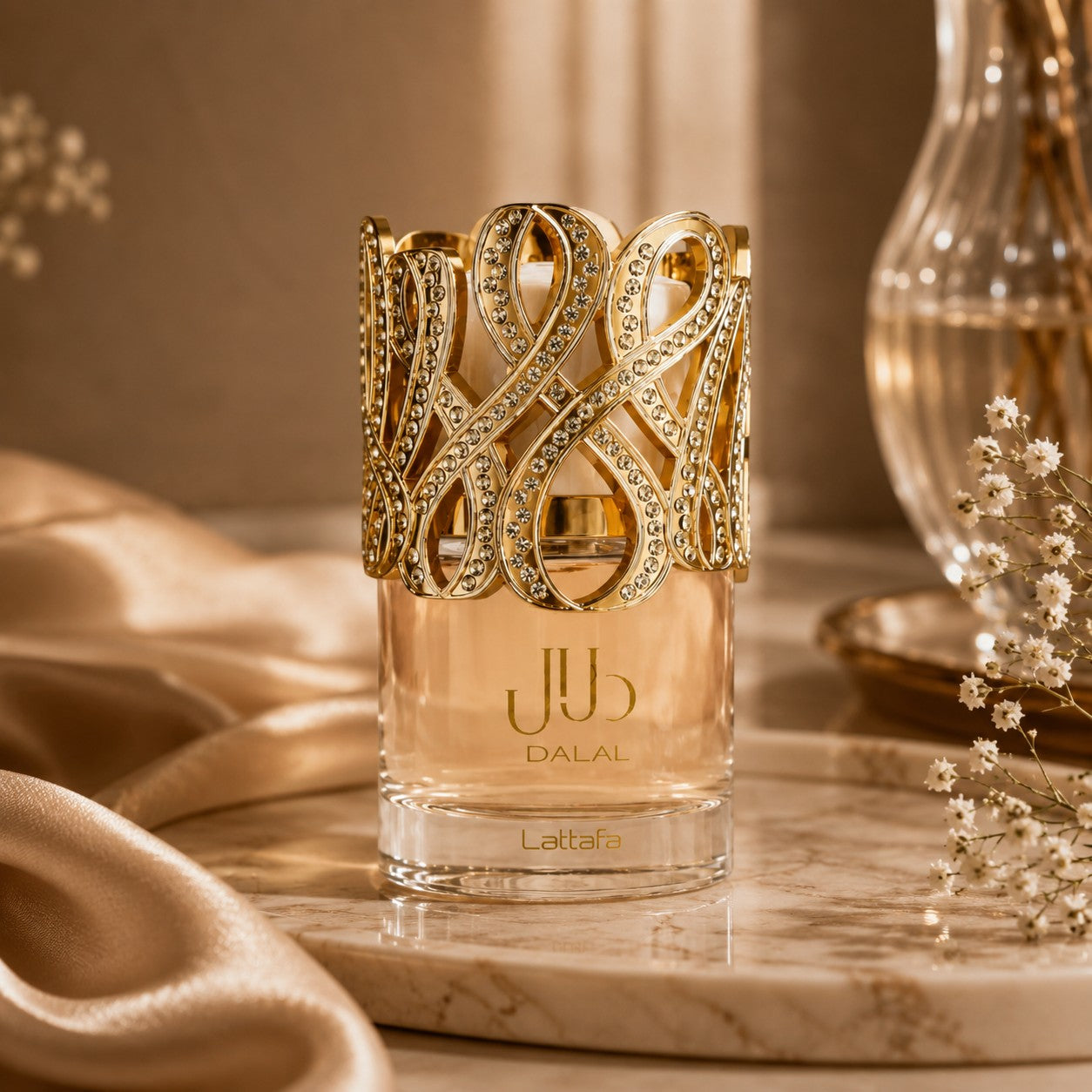 Soghaat Lattafa Dalal Eau de Parfum in a glass bottle with an ornate gold, crystal-embellished cap on a marble tray.