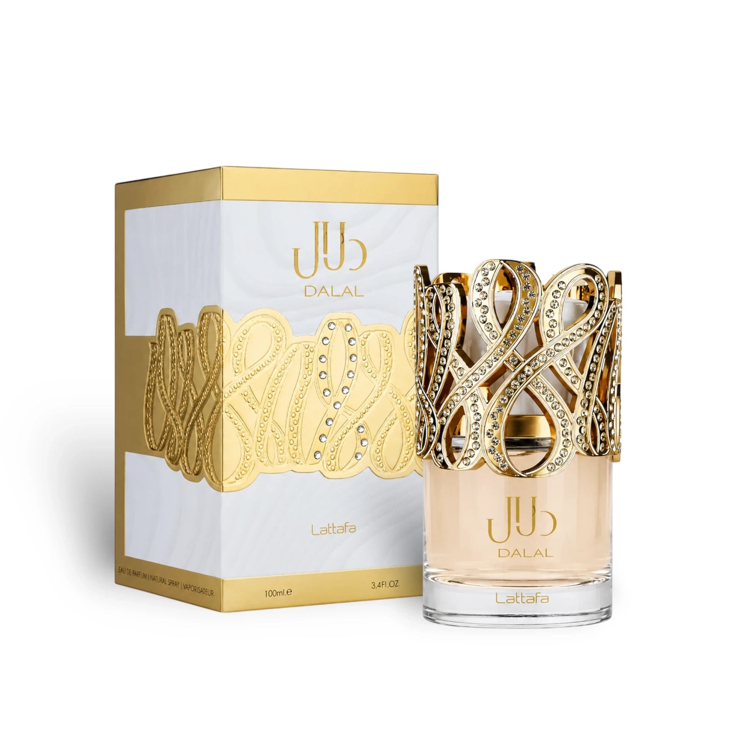 Soghaat Lattafa Dalal 100ml Eau de Parfum bottle with gold filigree cap and matching white and gold gift box.