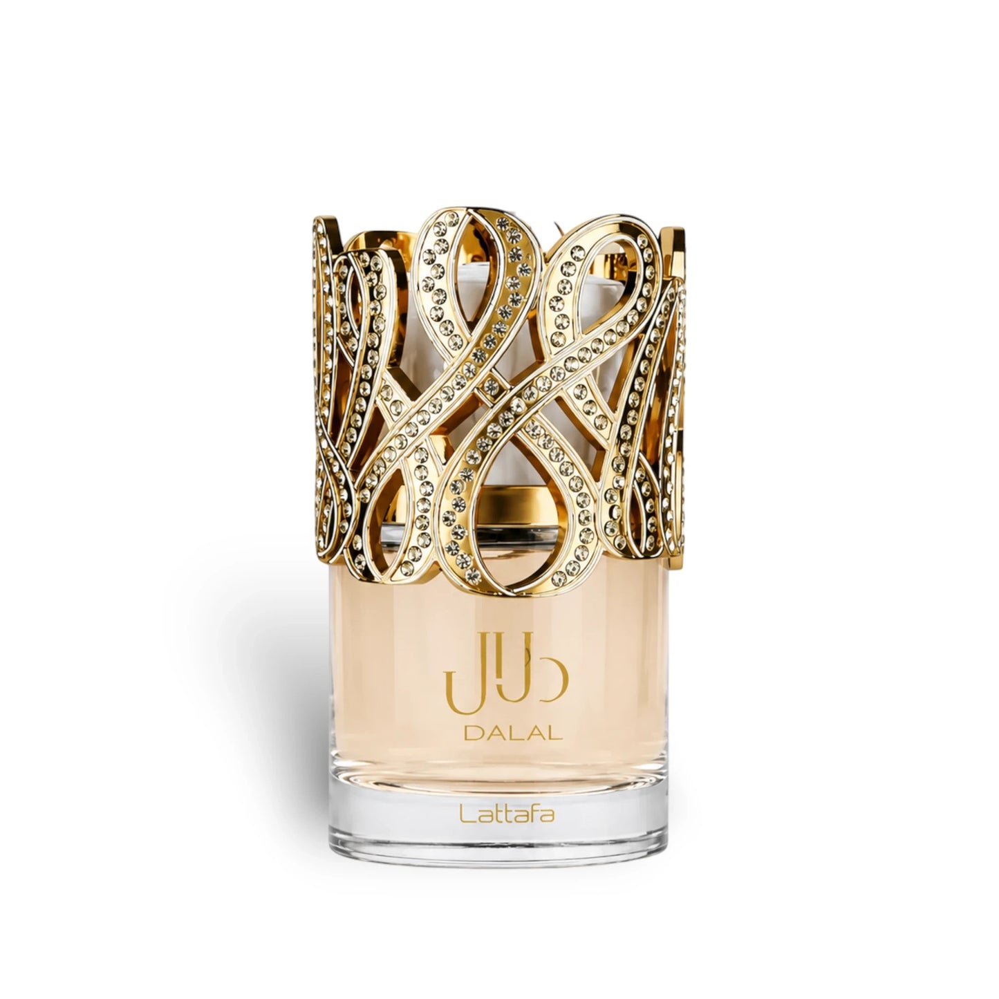 Soghaat Lattafa Dalal Eau de Parfum in a glass bottle with an ornate, gold-tone, crystal-embellished decorative cap.