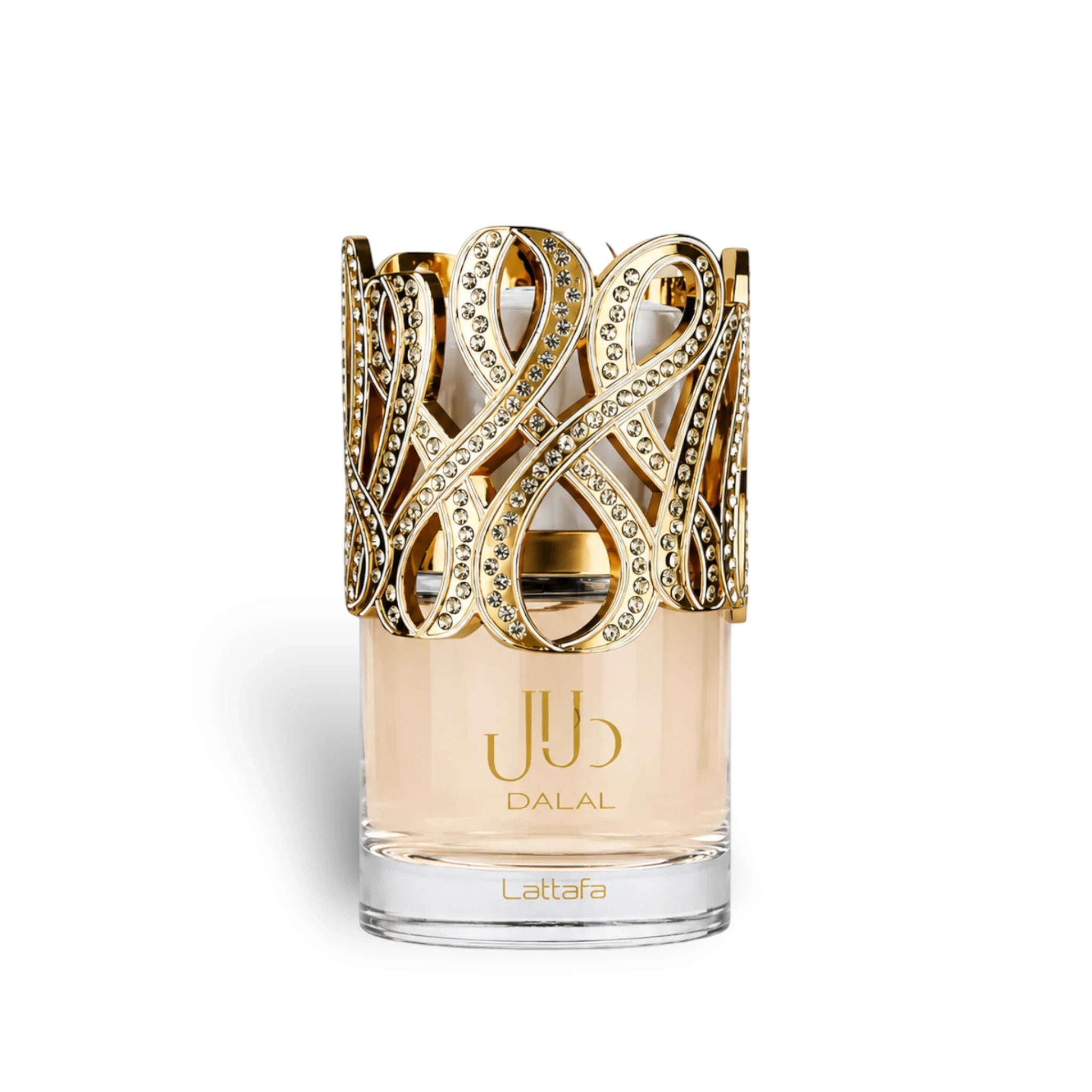 Soghaat Lattafa Dalal Eau de Parfum in a glass bottle with an ornate, gold-tone, crystal-embellished decorative cap.