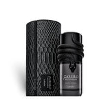 Soghaat Lattafa Musamam Black Intense Eau de Parfum bottle with a coiled black snake design and matching textured case.