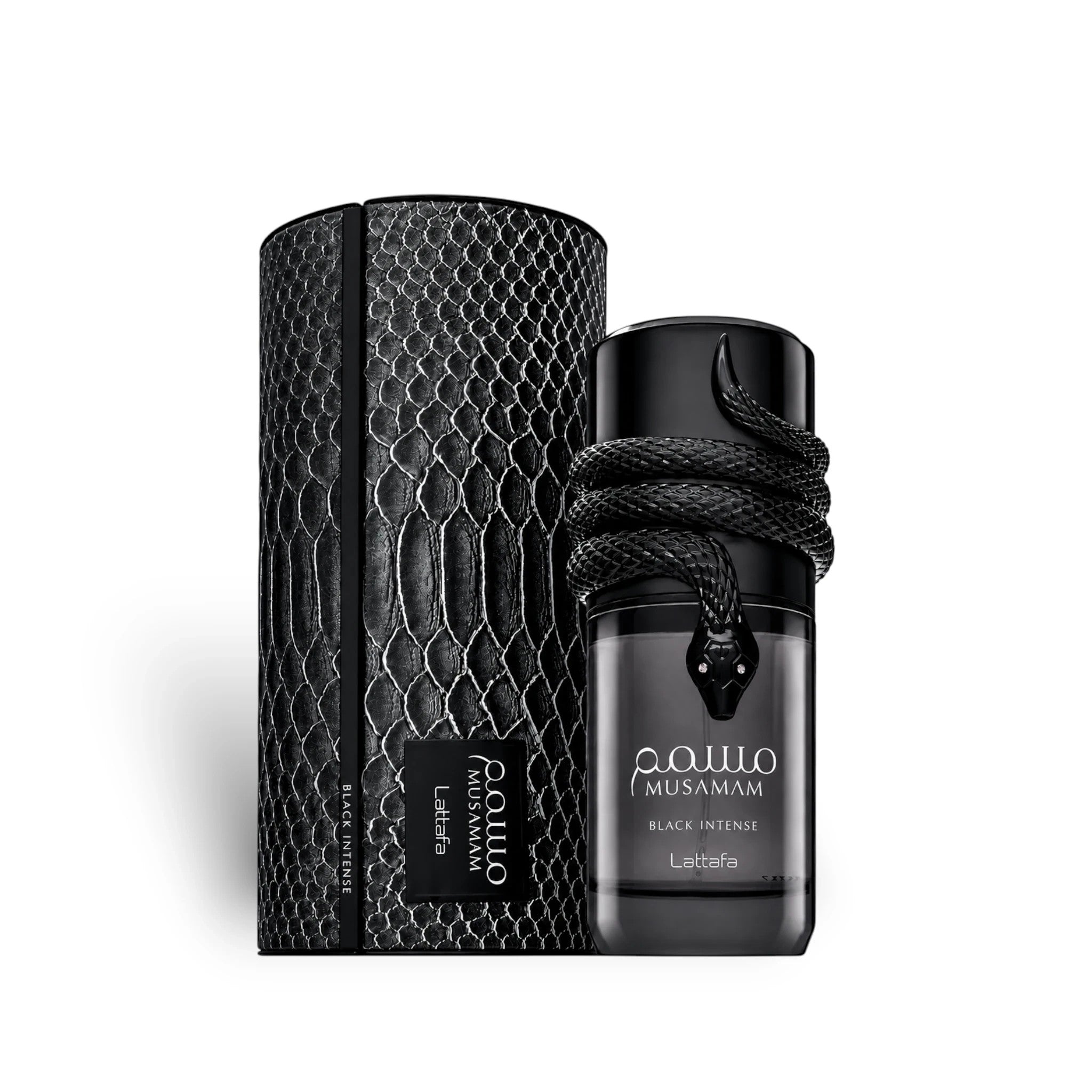 Soghaat Lattafa Musamam Black Intense Eau de Parfum bottle with a coiled black snake design and matching textured case.