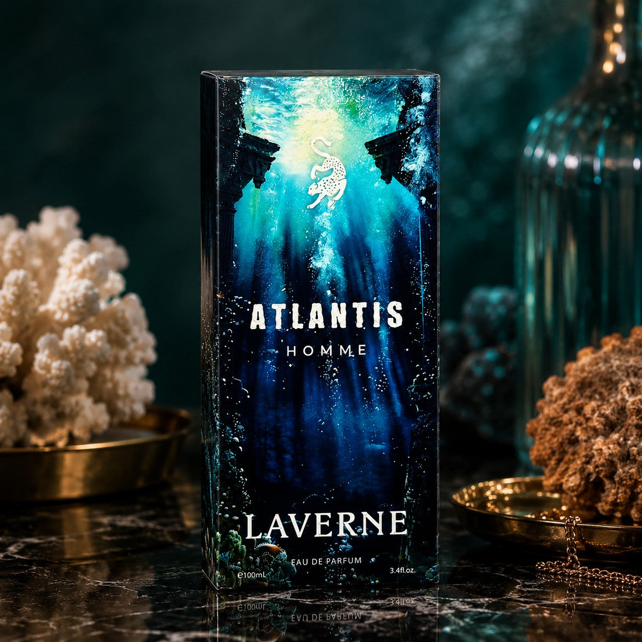 Soghaat presents Laverne Atlantis Homme 100ml Eau de Parfum in a deep blue underwater-themed box with coral decor.