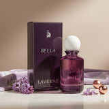Soghaat Laverne Bella Eau de Parfum for women, 100ml bottle with purple box, fresh woody aromatic scent.