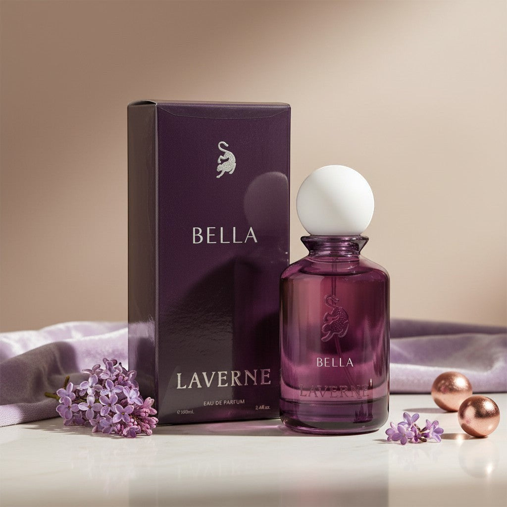 Soghaat Laverne Bella Eau de Parfum for women, 100ml bottle with purple box, fresh woody aromatic scent.