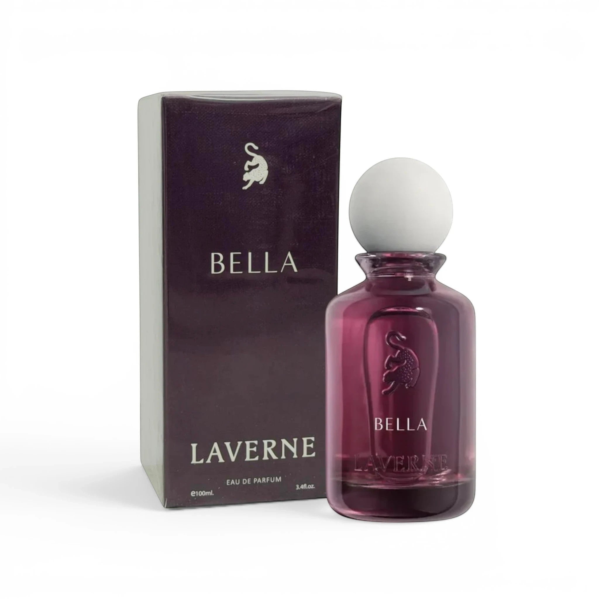 Soghaat Laverne Bella Eau de Parfum for women, 100ml bottle with a deep purple hue and white spherical cap. The box is also deep purple.