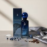 Laverne Champion 100ml Eau de Parfum for unisex, fresh woody aromatic fragrance in a blue gradient bottle with a blue cap.