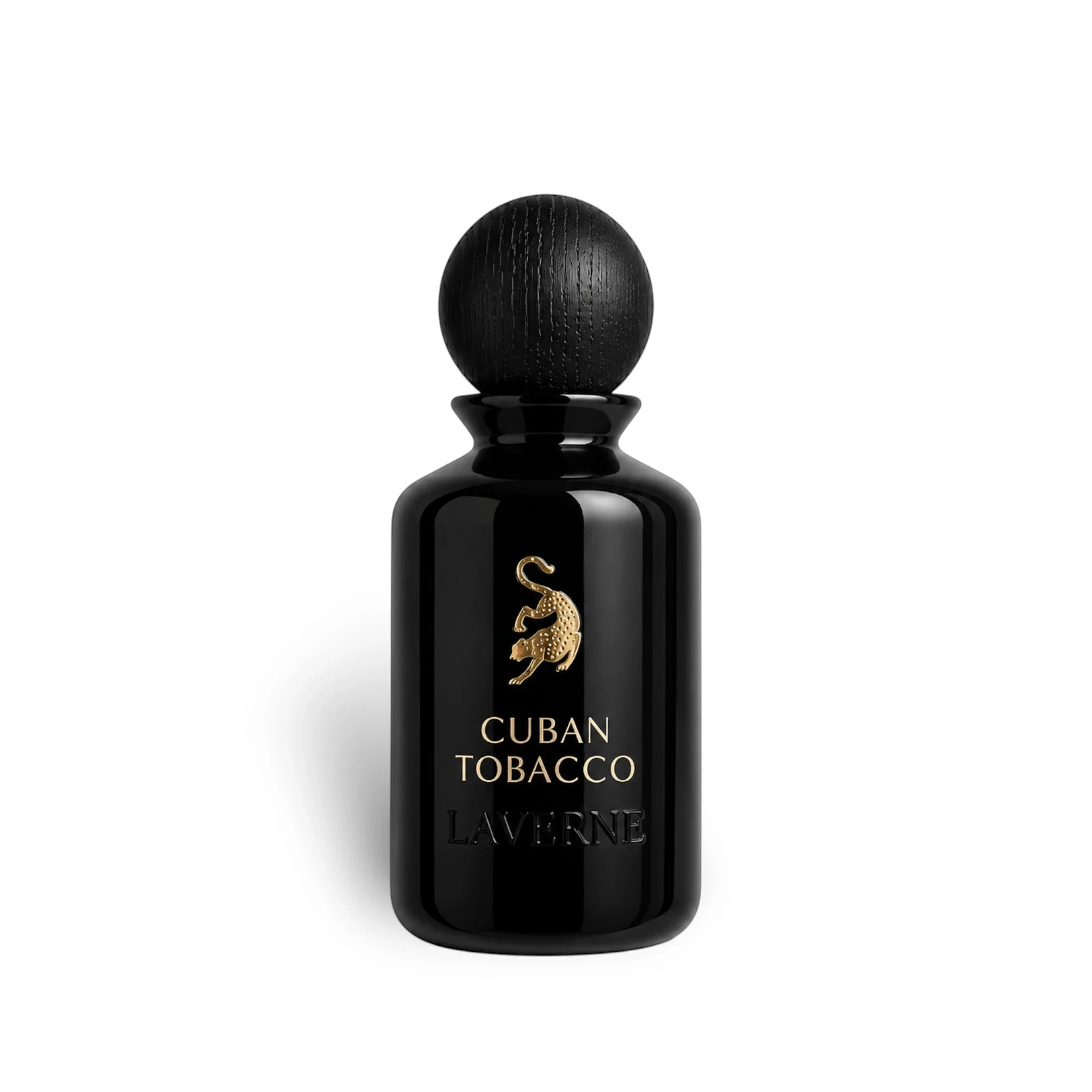 Soghaat presents Laverne Cuban Tobacco Eau de Parfum in a sleek black bottle with a gold leopard logo and wood cap.