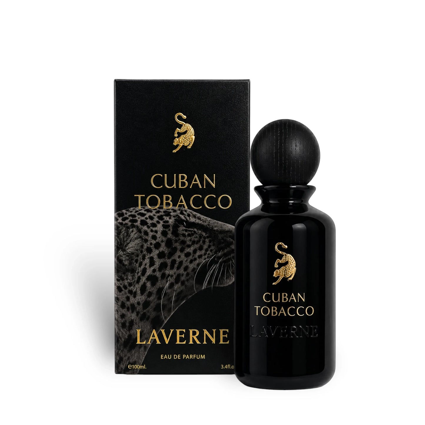 Soghaat presents Laverne Cuban Tobacco 100ml Eau de Parfum in a black glass bottle with a matching box featuring a leopard