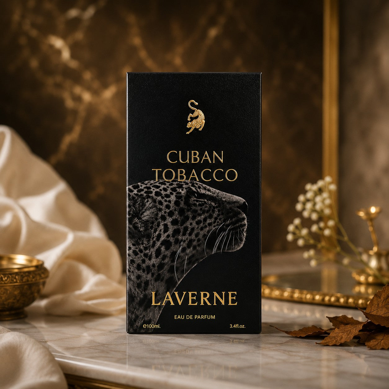 Soghaat presents Laverne Cuban Tobacco Eau de Parfum in a black box with a leopard graphic and gold lettering.