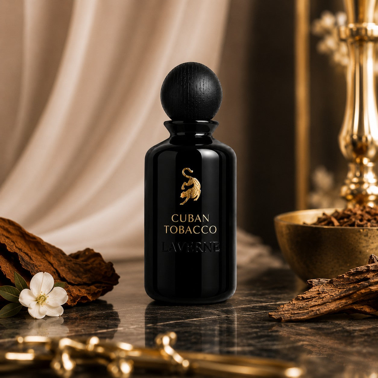 Soghaat presents Laverne Cuban Tobacco Eau de Parfum in a sleek black bottle with gold logo on a dark marble surface.