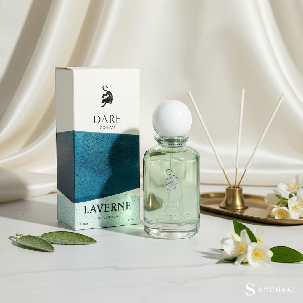 Soghaat Laverne Dare 7AM Eau de Parfum 100ml bottle with box, featuring fresh woody aromatic notes.