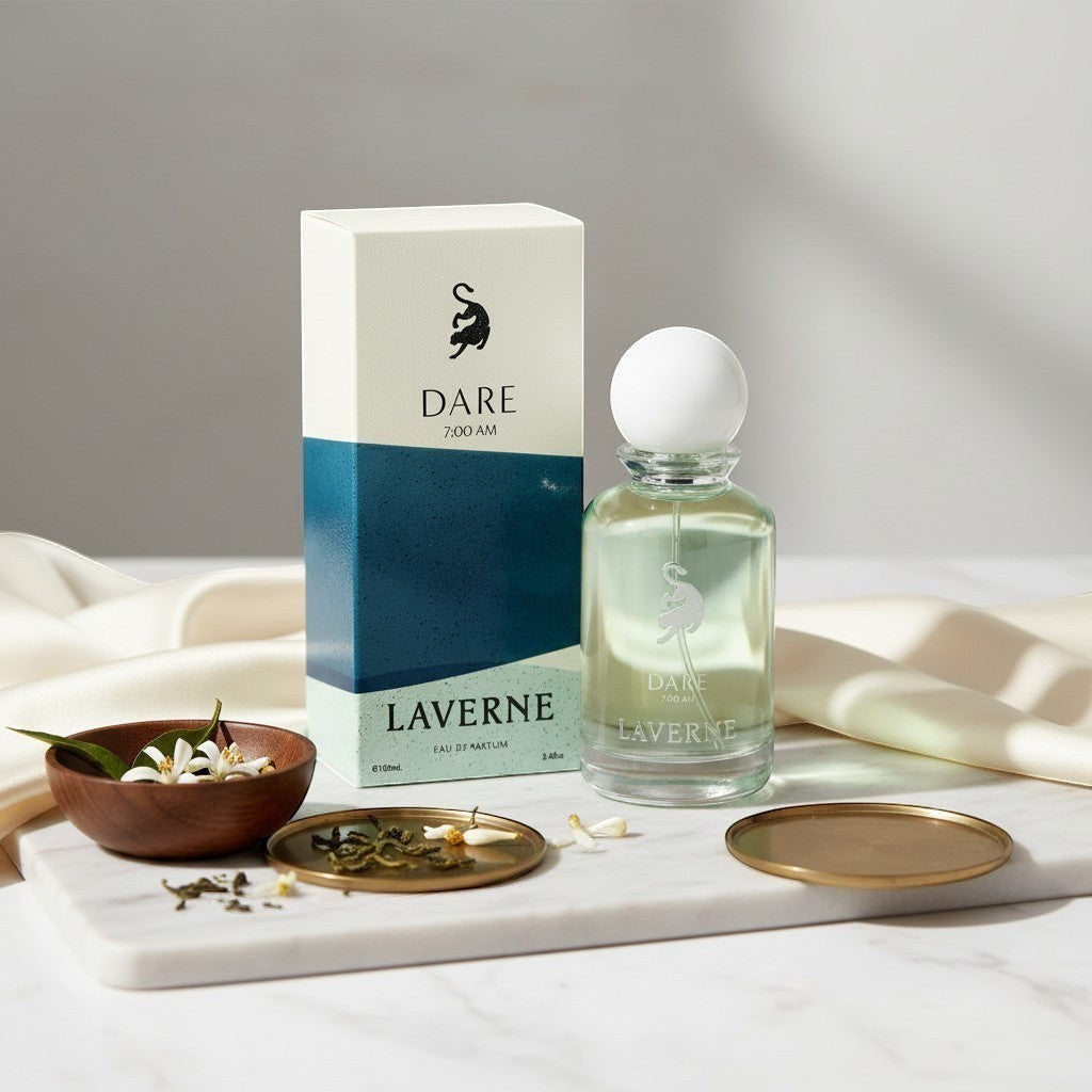 Soghaat Laverne Dare 7AM Eau de Parfum 100ml, a fresh woody aromatic unisex fragrance with notes of peach, apple, jasmine, and sandalwood.