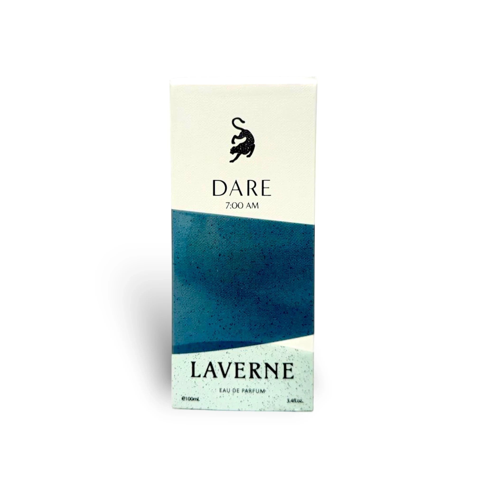 Laverne Dare 7AM Eau de Parfum 100ml bottle with a blue speckled design and gold accents. Unisex woody aromatic fragrance.