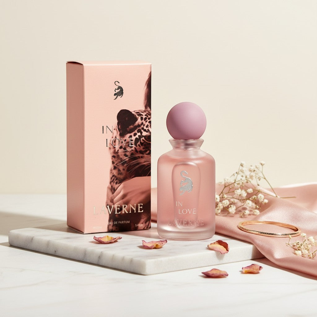 Soghaat Laverne In Love Eau de Parfum 100ml, a sweet amber gourmand fragrance with pink pepper, raspberry, and rose notes.