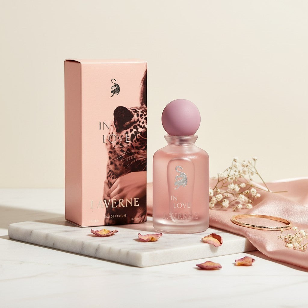 Soghaat Laverne In Love Eau de Parfum 100ml, a sweet amber gourmand fragrance with pink pepper, raspberry, and rose notes.