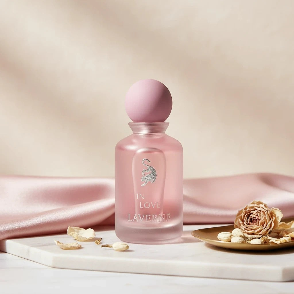 Soghaat Laverne In Love Eau de Parfum, a frosted pink glass bottle with a pink cap and silver leopard emblem. Sweet amber gourmand fragrance.