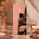 Soghaat Laverne In Love 100ml Eau de Parfum box featuring a leopard illustration in a warm, elegant setting.