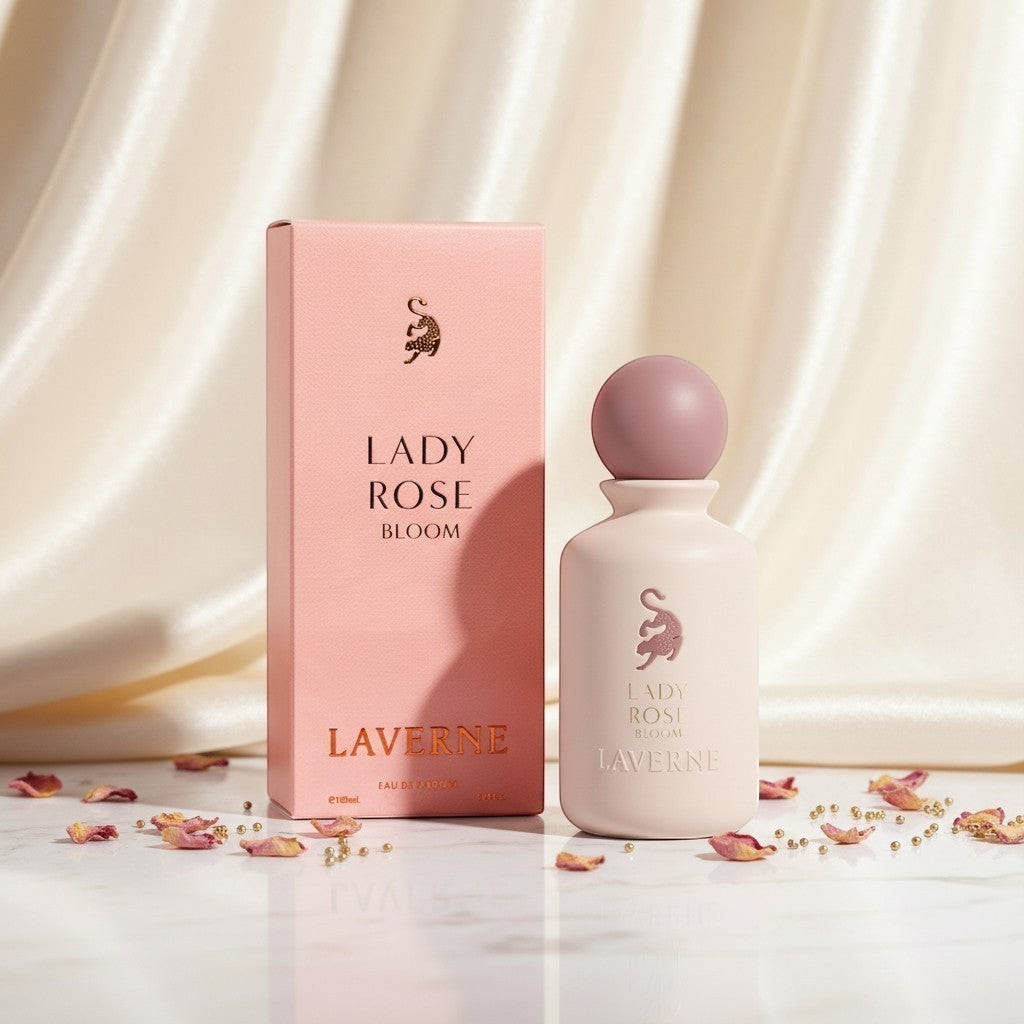 Laverne Lady Rose Bloom 100ml Eau de Parfum for women, a rose amber floral fragrance with pink pepper, mandarin, saffron, rose, jasmine, amber, patchouli and musk.