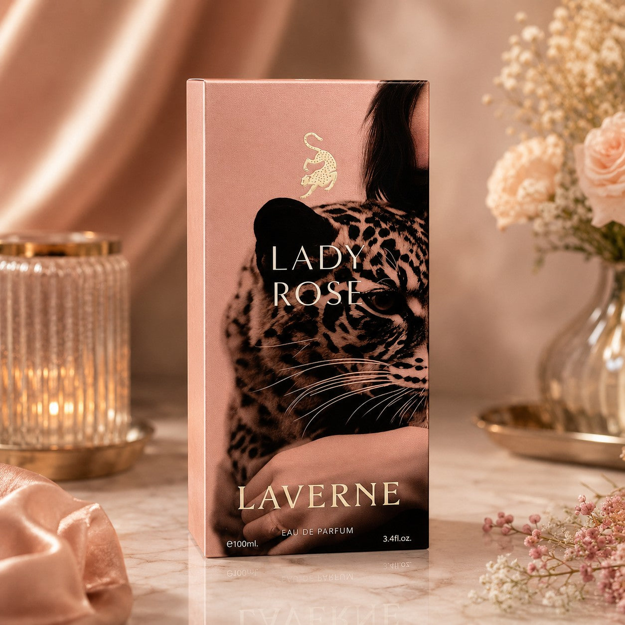 Soghaat Laverne Lady Rose Eau de Parfum 100ml bottle featuring a leopard illustration in a warm, elegant setting.